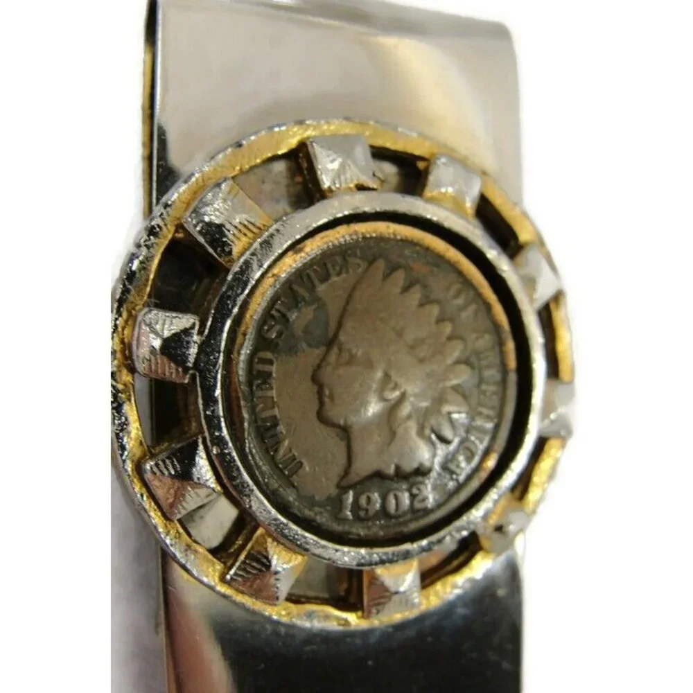 Vintage 1902 Indian Head Penny Silver and Gold Tone Money Clip Men